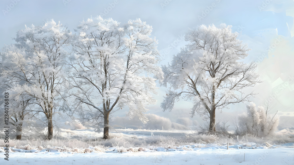 Pair of leafless trees covered in snow in winter field Pair of leafless trees covered in snow in winter field