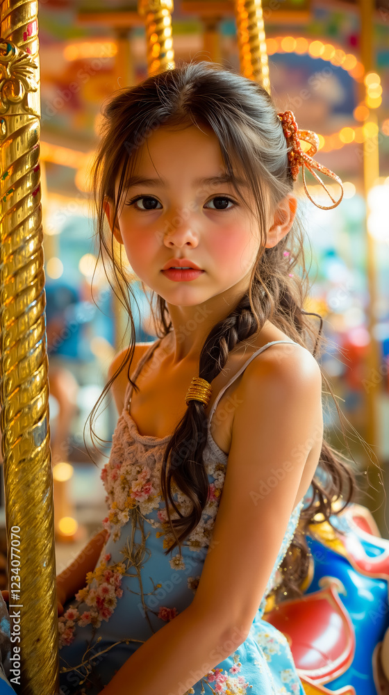 A little girl sitting on a carousel at a carnival A little girl sitting on a carousel at a carnival
