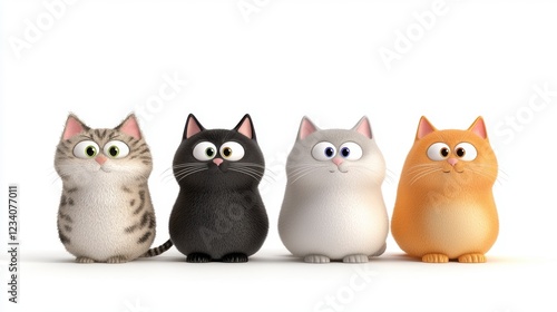 Adorable Cartoon Cats: A Charming and Playful Group of Fluffy Friends Against a Pristine White Background