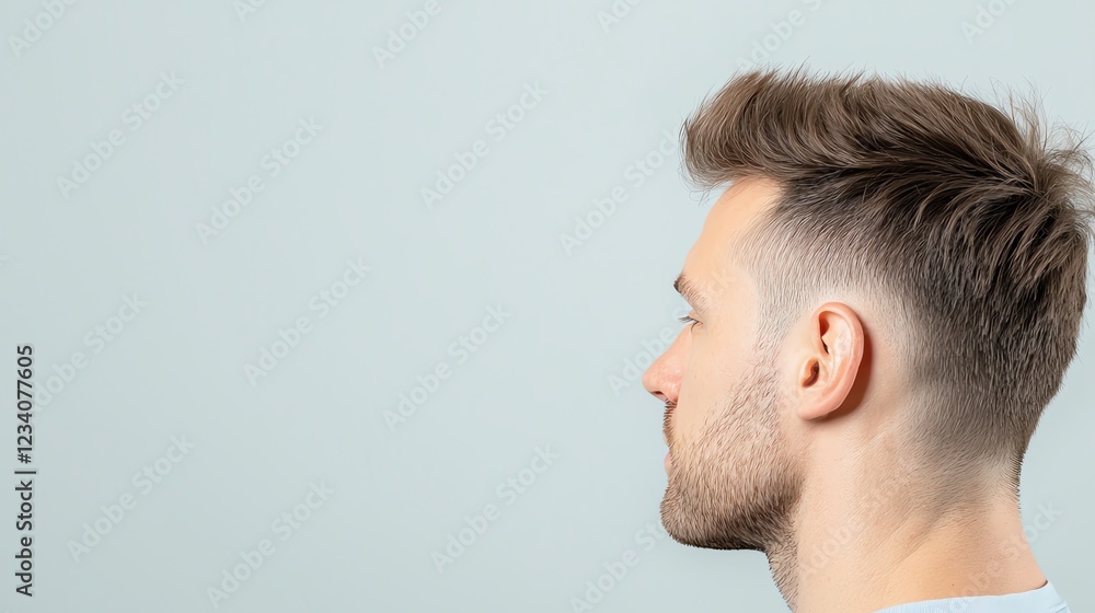 Fototapeta premium Profile of a fashionable young man with a stylish haircut against a plain background.