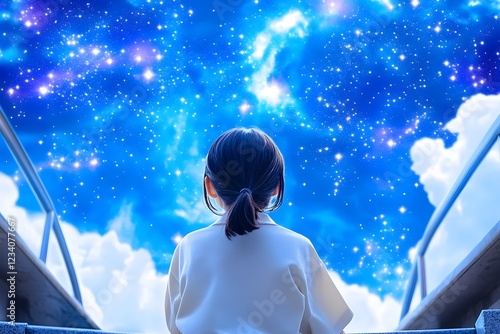 A starry sky with clouds and glowing stars, with the focal point being an ethereal nebula in shades of blue. The background is blur