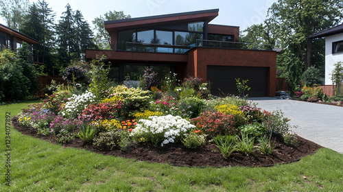 Modern house, garden, flowers, landscaping, suburban