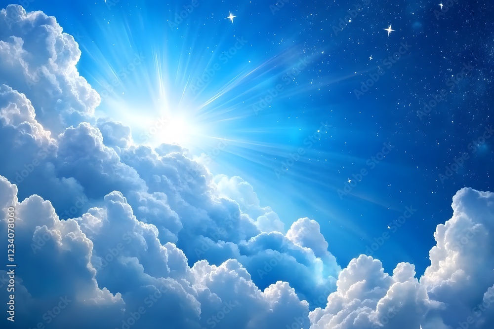 A starry sky with clouds and glowing stars, with the focal point being an ethereal nebula in shades of blue. The background is blur A starry sky with clouds and glowing stars, with the focal point being an ethereal nebula in shades of blue. The background is blur