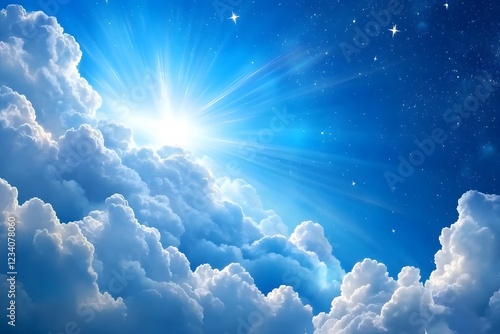 A starry sky with clouds and glowing stars, with the focal point being an ethereal nebula in shades of blue. The background is blur
