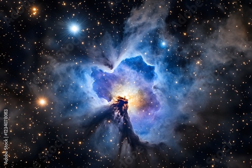 A starry sky with clouds and glowing stars, with the focal point being an ethereal nebula in shades of blue. The background is blur