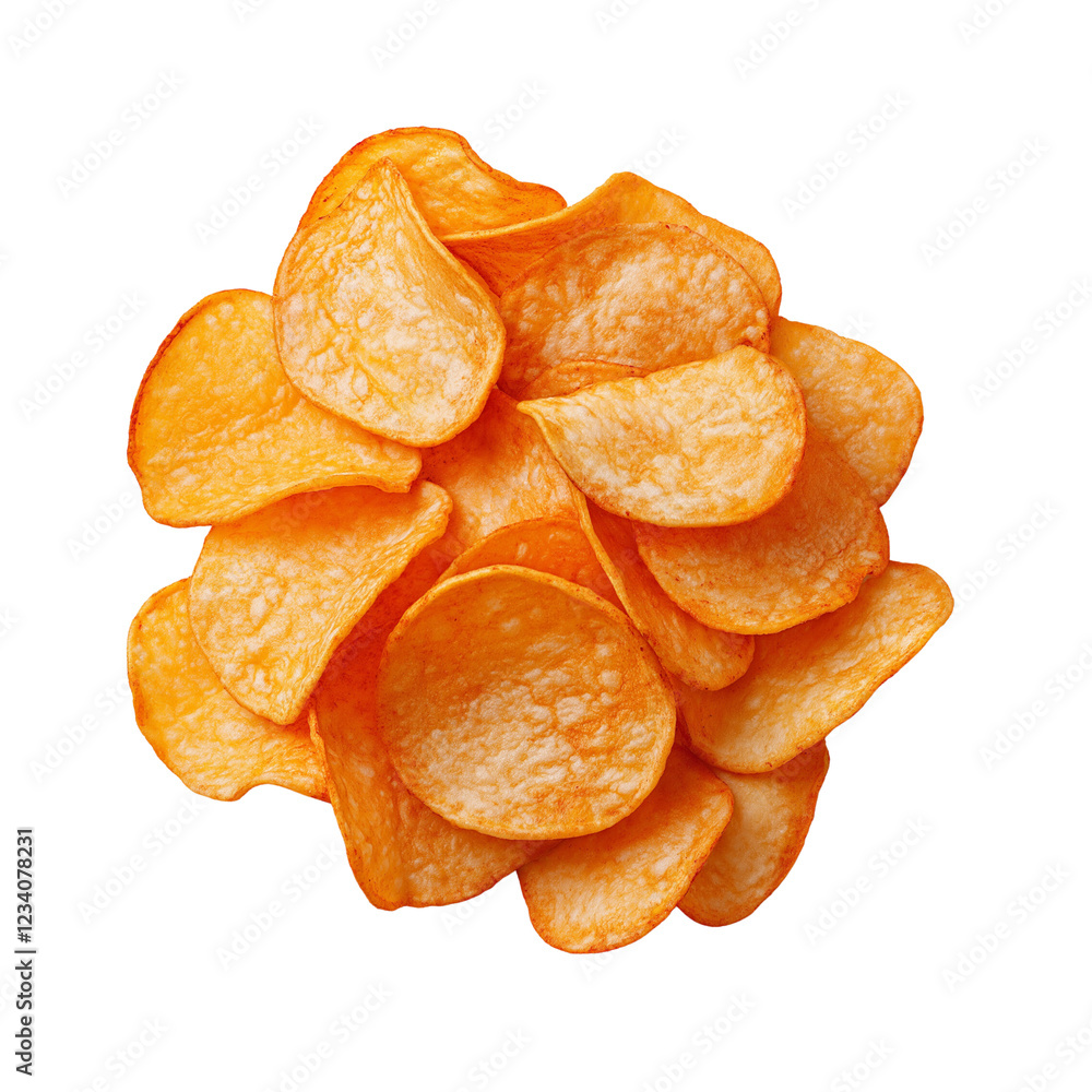 A pile of golden, crispy potato chips on a transparent background, showcasing their crunchy texture and enticing color. A pile of golden, crispy potato chips on a transparent background, showcasing their crunchy texture and enticing color.