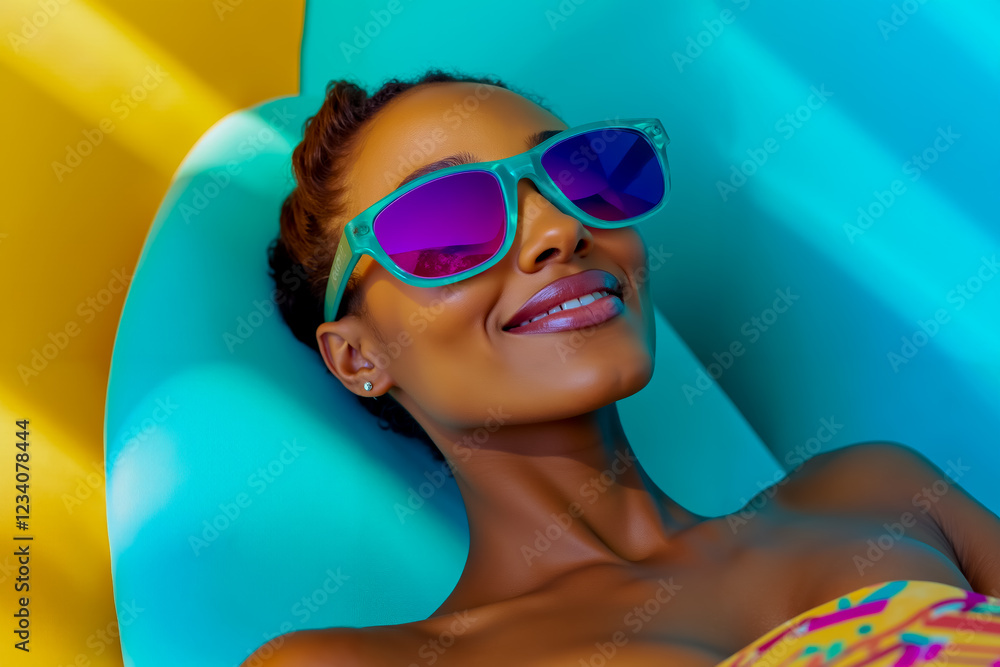 Naklejka premium A woman in a bikini and sunglasses laying on a blue and yellow pool float