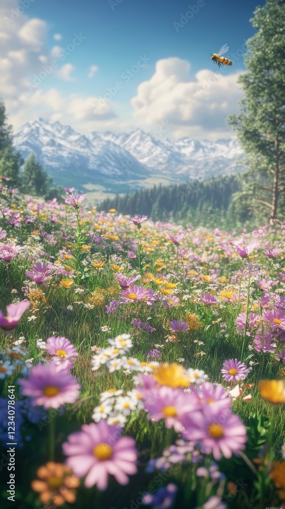 Fototapeta premium Beautiful wildflower meadow with mountains in the background