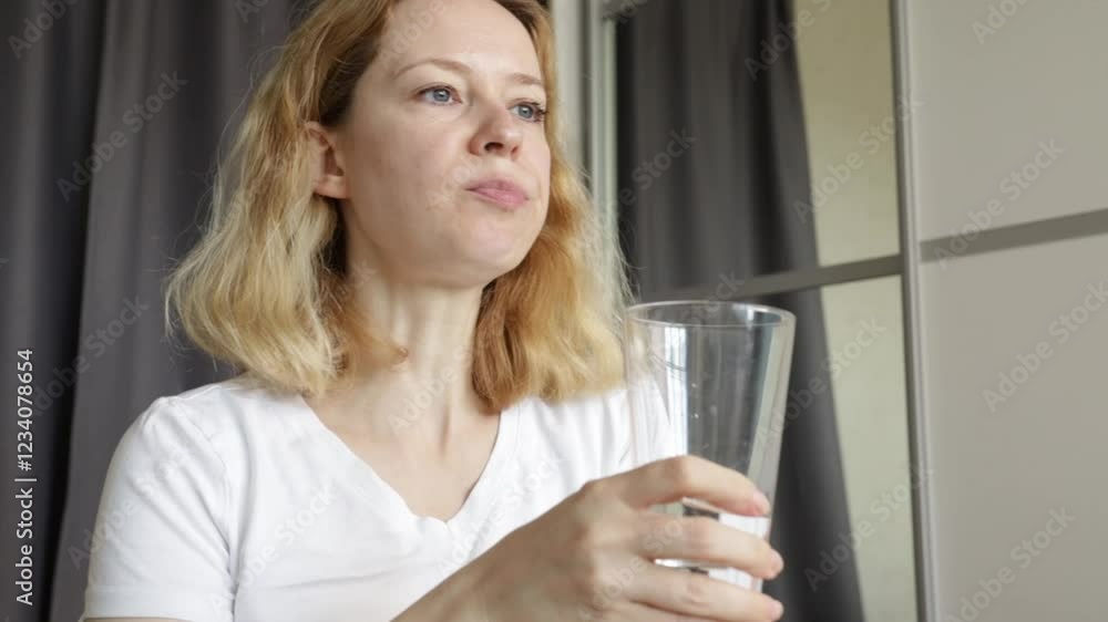 Woman drinking water at home, holding a glass of pure liquid at the table Woman drinking water at home, holding a glass of pure liquid at the table