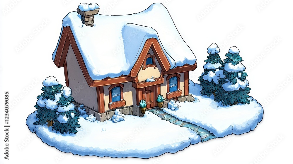 Naklejka premium Cozy Snow Covered Cottage Pixel Art Winter Illustration