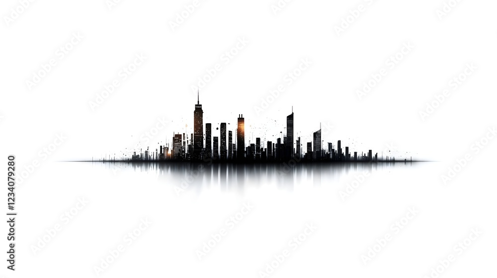 Fototapeta premium Black City Skyline Silhouette with Reflection on White
