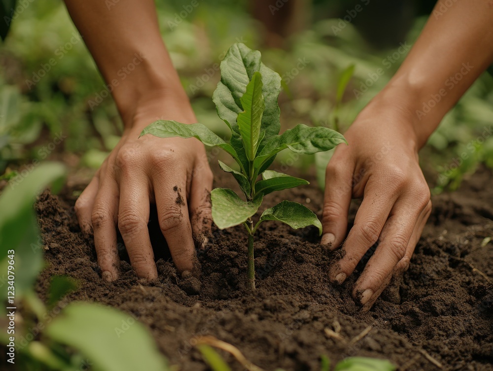 Fototapeta premium Hands planting a young tree in rich, dark soil