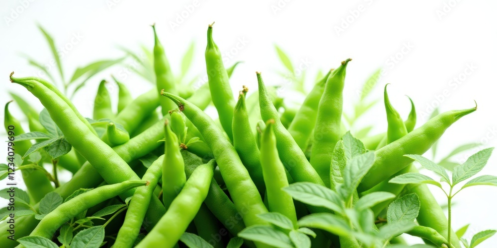 Vibrant green beans nestled among delicate, light-green leaves, artfully overlapping in a lush cluster, capturing nature's elegant simplicity Vibrant green beans nestled among delicate, light-green leaves, artfully overlapping in a lush cluster, capturing nature's elegant simplicity