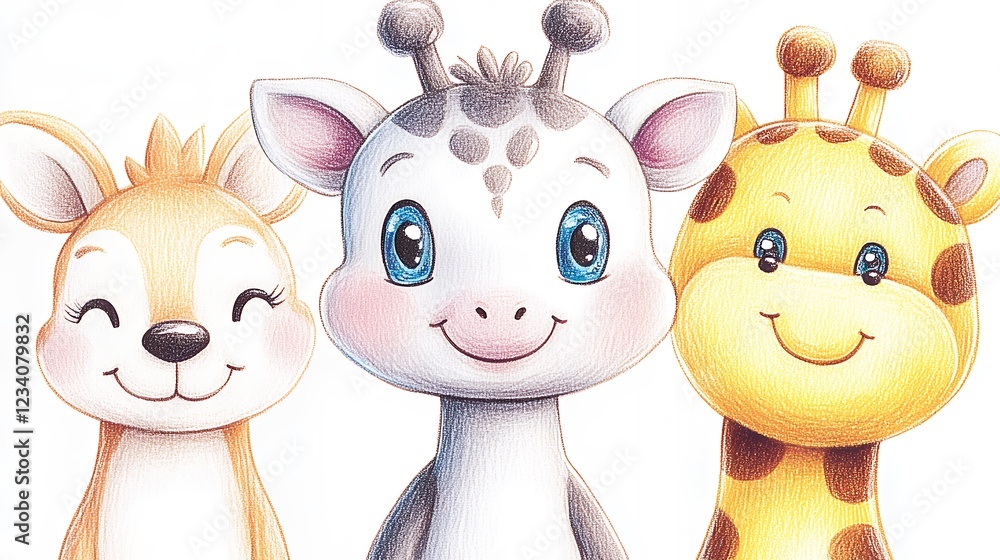 Obraz premium Adorable Cartoon Fawn and Giraffes Illustration Pastel Colors, Happy