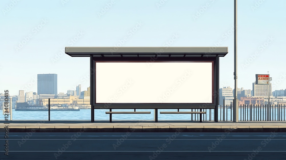 Blank billboard sits at empty bus stop overlooking calm harbor city skyline bright sunlight. AI Generated Blank billboard sits at empty bus stop overlooking calm harbor city skyline bright sunlight. AI Generated