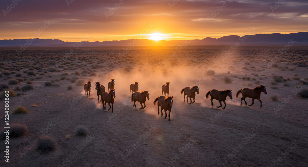 Herd of Brown Horses Running Through Sandy Desert in a Line PNG Herd of Brown Horses Running Through Sandy Desert in a Line PNG