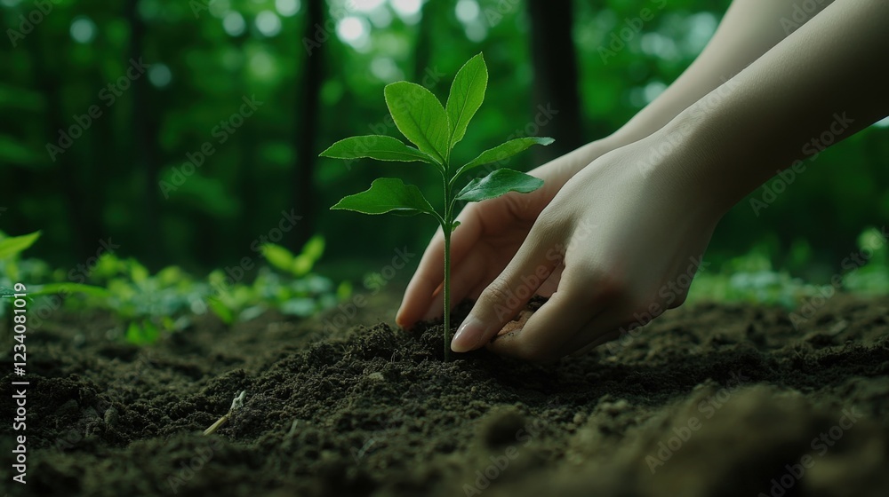 Fototapeta premium Planting a young sapling in a lush forest setting