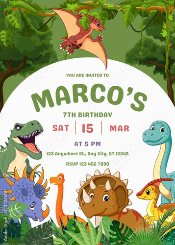 Birthday party invitation template with cute dinosour cartoon vector illustration. Birthday boy invitation card design.