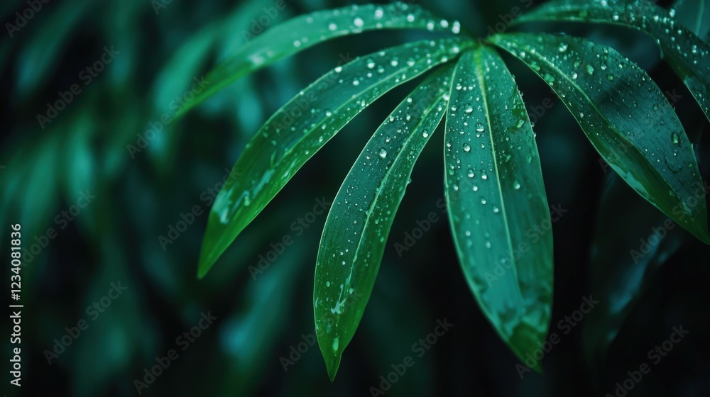 Fototapeta premium Lush green leaves glistening with raindrops in a tranquil setting