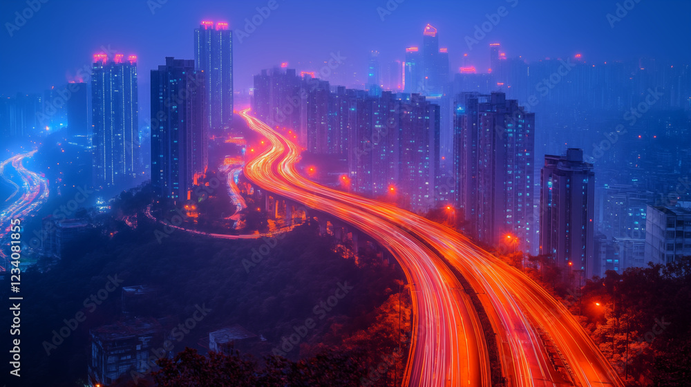 Curved highway with light trails leading to illuminated skyscrapers at night, depicting urban mobility and city development Curved highway with light trails leading to illuminated skyscrapers at night, depicting urban mobility and city development