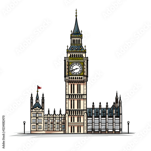Big Ben hand-drawn comic illustration. Big Ben. Vector doodle style cartoon illustration