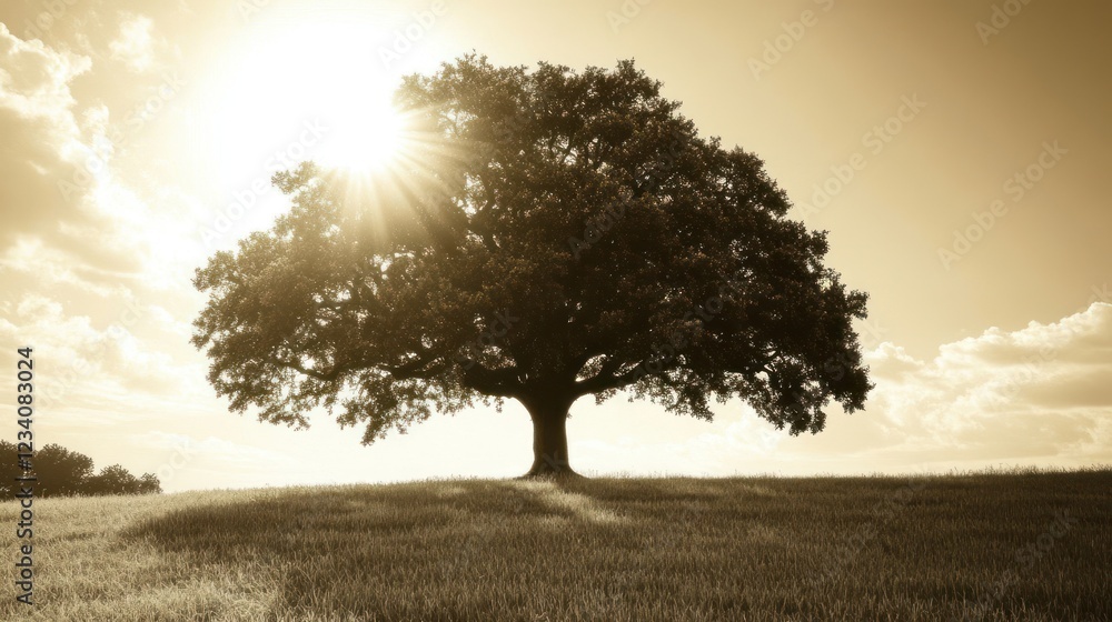 Obraz premium Solitary oak tree on hill, sunlit field, peaceful landscape; nature background
