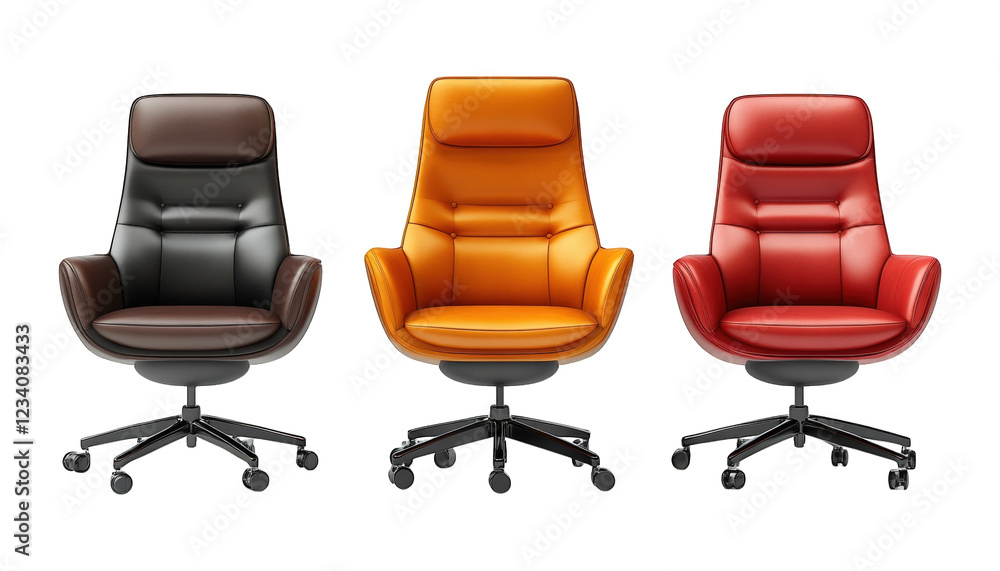 Three Modern Leather Office Chairs in Brown Orange and Red Colors Stylish Swivel Ergonomic Design Three Modern Leather Office Chairs in Brown Orange and Red Colors Stylish Swivel Ergonomic Design
