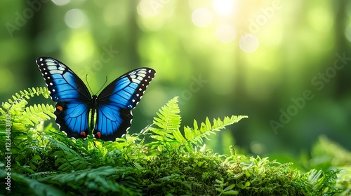 Blue Butterfly on Lush Green Forest Floor