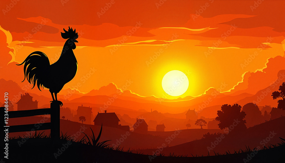 Fototapeta premium French rooster silhouette on fence post at sunset, rural tranquility