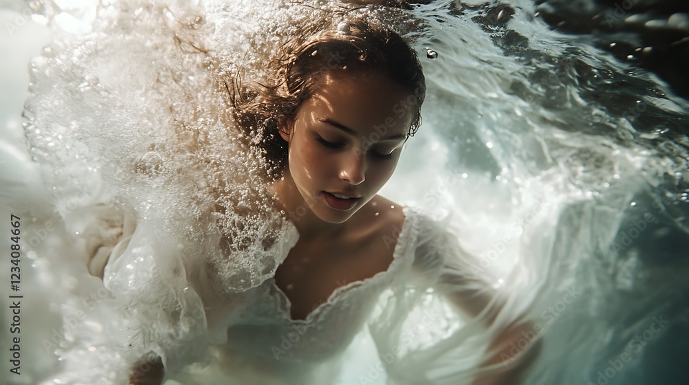 Obraz premium Serene underwater portrait of a young woman in a white dress, hair flowing, surrounded by bubbles and sunlight.