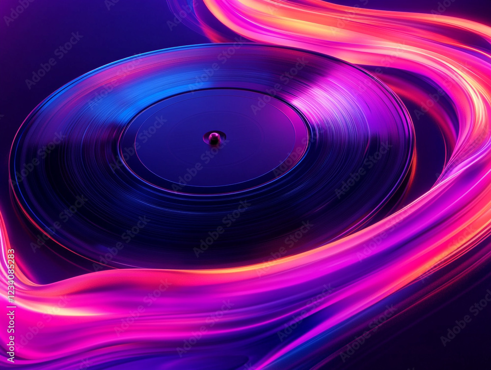 Vinyl Record with Neon Flow: A captivating abstract image featuring a vinyl record with vibrant neon light streaks cascading around it, creating a dynamic and artistic visual. Vinyl Record with Neon Flow: A captivating abstract image featuring a vinyl record with vibrant neon light streaks cascading around it, creating a dynamic and artistic visual.
