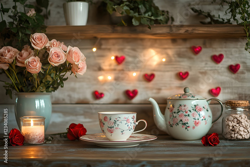 Vintage Tea Room with Pink Roses and Hearts - Generative AI