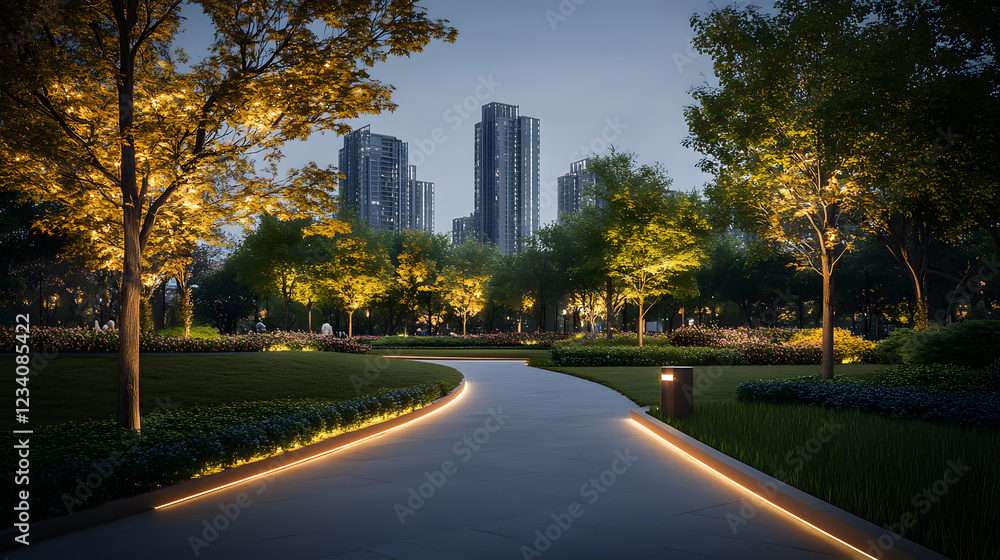 Illuminated pathway winds through a lush park at twilight, modern skyscrapers forming a backdrop. Warm lighting highlights trees and landscaping, creating a serene, urban oasis. Illuminated pathway winds through a lush park at twilight, modern skyscrapers forming a backdrop. Warm lighting highlights trees and landscaping, creating a serene, urban oasis.