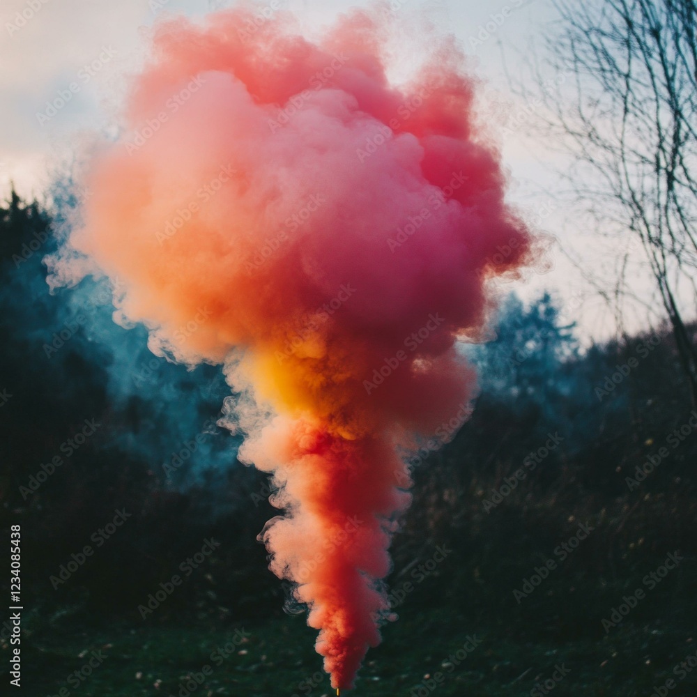 Naklejka premium Vibrant orange, pink, and yellow smoke cloud against a natural outdoor backdrop with trees