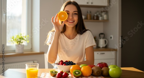 A young woman holds a sliced orange to her eye with a variety of fruit on a table