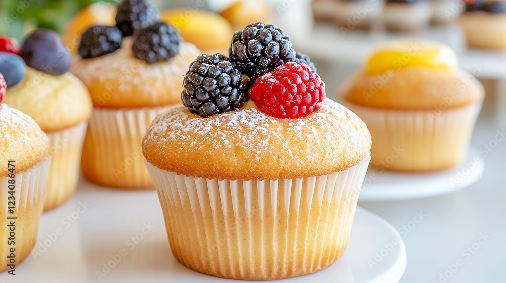 Close Up Of Lemon Cupcake Topped With Fresh Berries And Powdered Close Up Of Lemon Cupcake Topped With Fresh Berries And Powdered