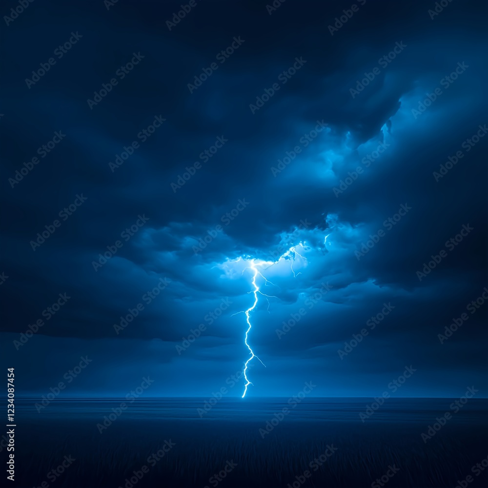 Fototapeta premium Blue Lightning Strikes Dark Night Sky