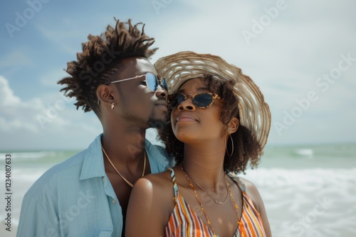 Two Afican American at the beach together photography sunglasses swimwear. photo