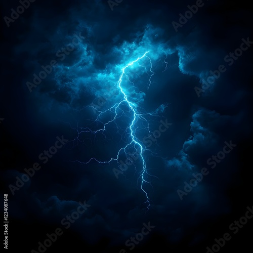 Blue Lightning Strikes Dark Storm Clouds at Night