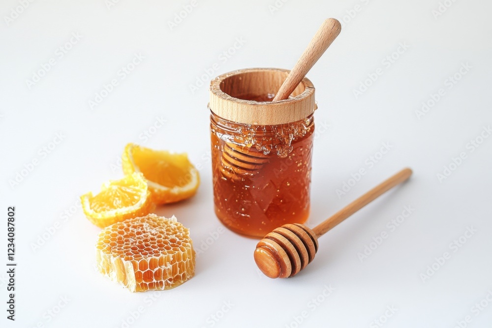 Minimalistic honey jar with honeycomb and orange slices for kitchen decor and food inspiration Minimalistic honey jar with honeycomb and orange slices for kitchen decor and food inspiration