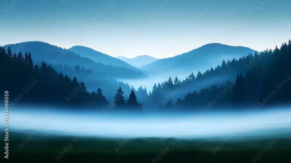 Obraz premium Blue Misty Mountain Valley at Dawn