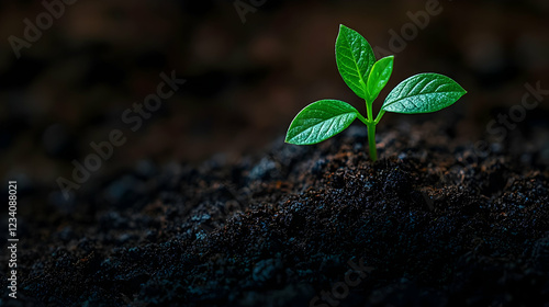 Young sprout emerges from rich soil, background blurred photo