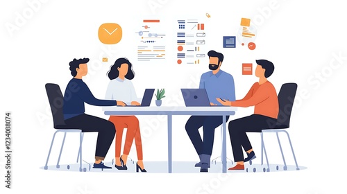 A professional scenario where a manager assigns tasks to employees, using a task list, with people collaborating around a table, set against a white background