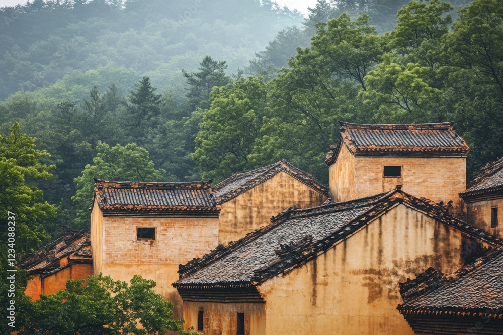 Serene minimalistic view of traditional tiled rooftops amidst lush greenery Serene minimalistic view of traditional tiled rooftops amidst lush greenery