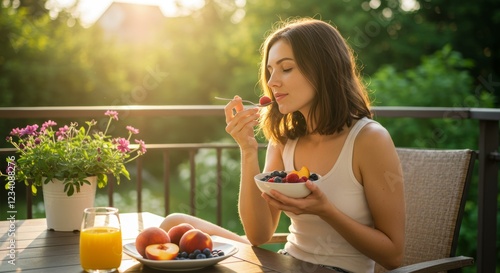 Woman enjoys a healthy breakfast of mixed fruits on a sunny outdoor terrace