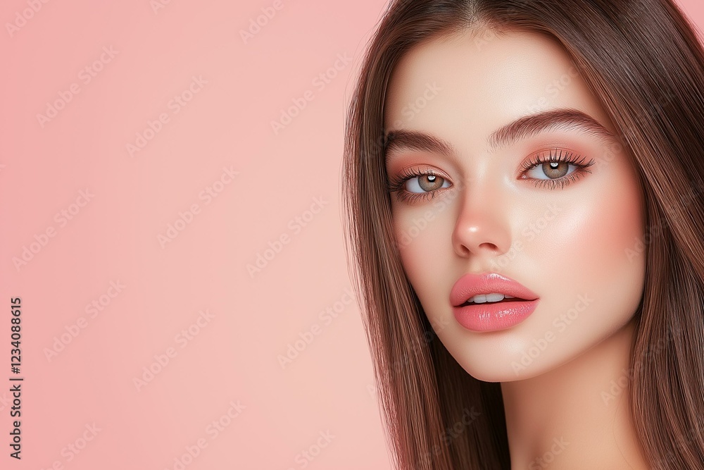 Fototapeta premium Close-up of a beautiful woman with flawless skin on a soft pink background.