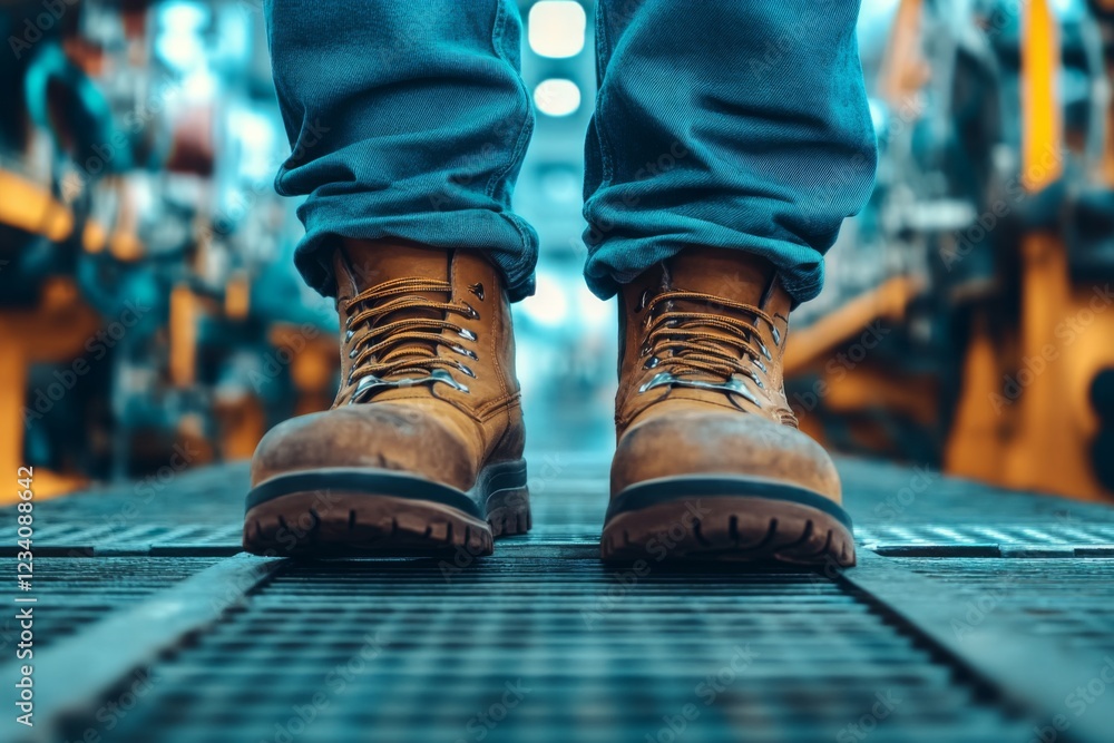Close up of a safety working shoe on worker in factory Close up of a safety working shoe on worker in factory