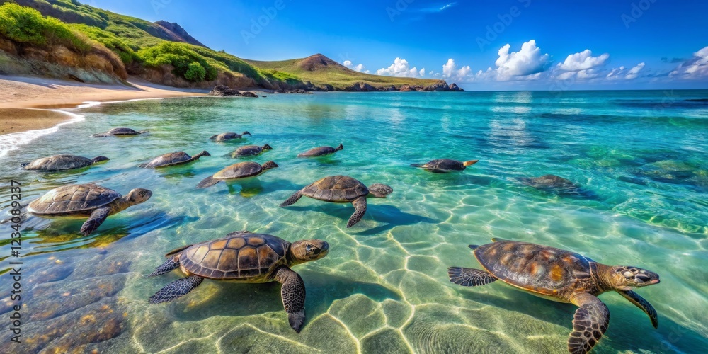 Fototapeta premium Sea Turtles Swimming in Crystal Clear Tropical Waters Under Blue Sky