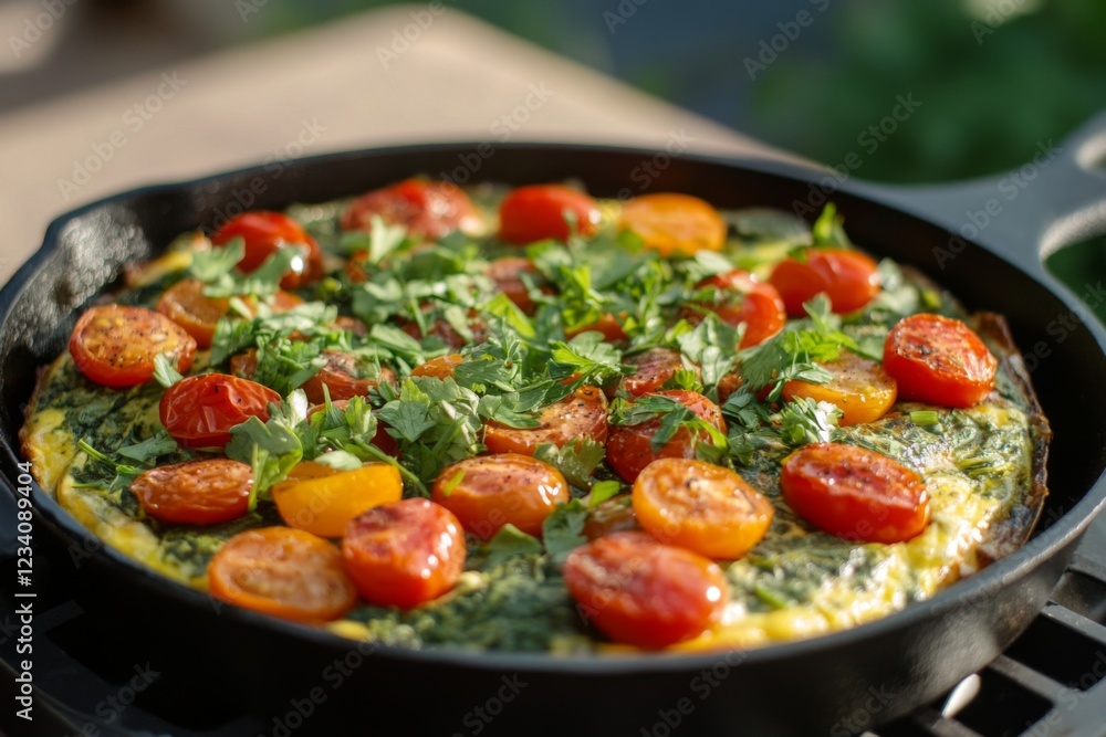 Fresh herb and spinach frittata served in a cast iron skillet Fresh herb and spinach frittata served in a cast iron skillet