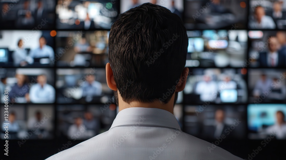 Remote teams thrive with cloud-based tools in their virtual office. Man observing multiple screens in a modern control room setting. Remote teams thrive with cloud-based tools in their virtual office. Man observing multiple screens in a modern control room setting.